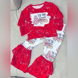 NWOT Girls Red Christmas bell bottom outfit, size 5-6